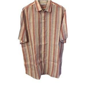 Caribbean 100% Linen Shirt Men L Multicolor Striped Short Sleeve Lightweight